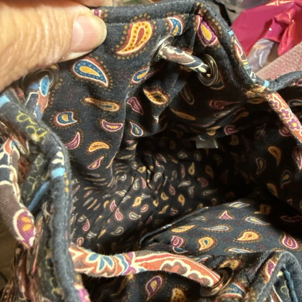 Vera Bradley Kensington Quilted Drawstring Backpack Tote Bag Purse Brown Paisley
